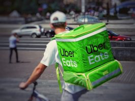 Uber Eats delivery driver on a bicycle, ready to start delivering food in the city