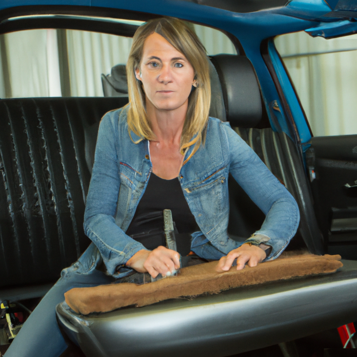 A woman confidently standing next to a car she has just upholstered, representing her successful transition from a stressful 9-5 job to starting her own profitable business