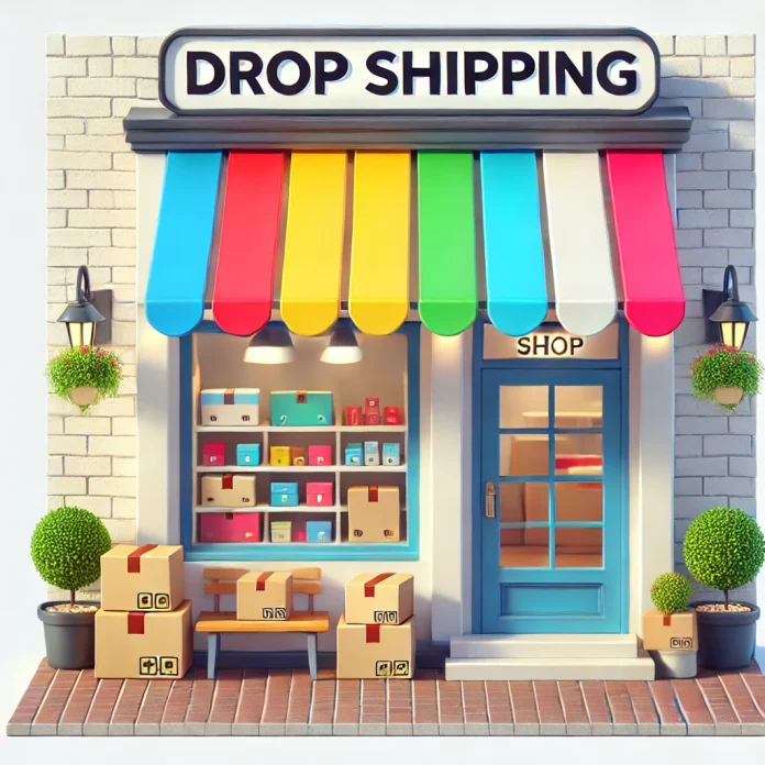 Illustration of a small shop with colorful awnings and boxes outside, representing a drop shipping side hustle.