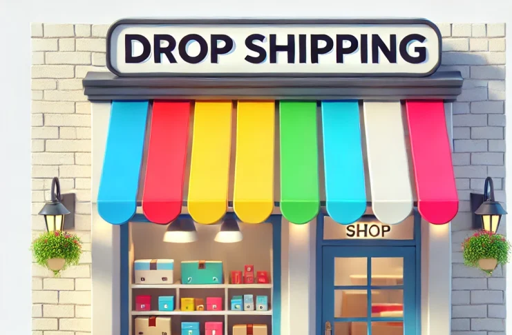 Illustration of a small shop with colorful awnings and boxes outside, representing a drop shipping side hustle.